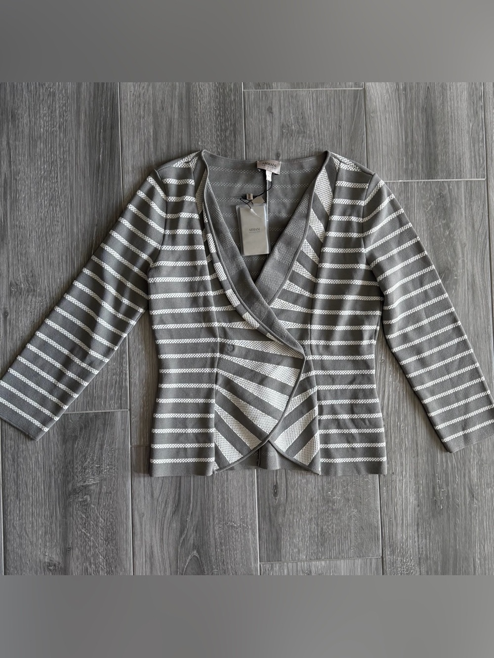 Armani Collezioni Grey and White Striped Women's Cardigan Sweater